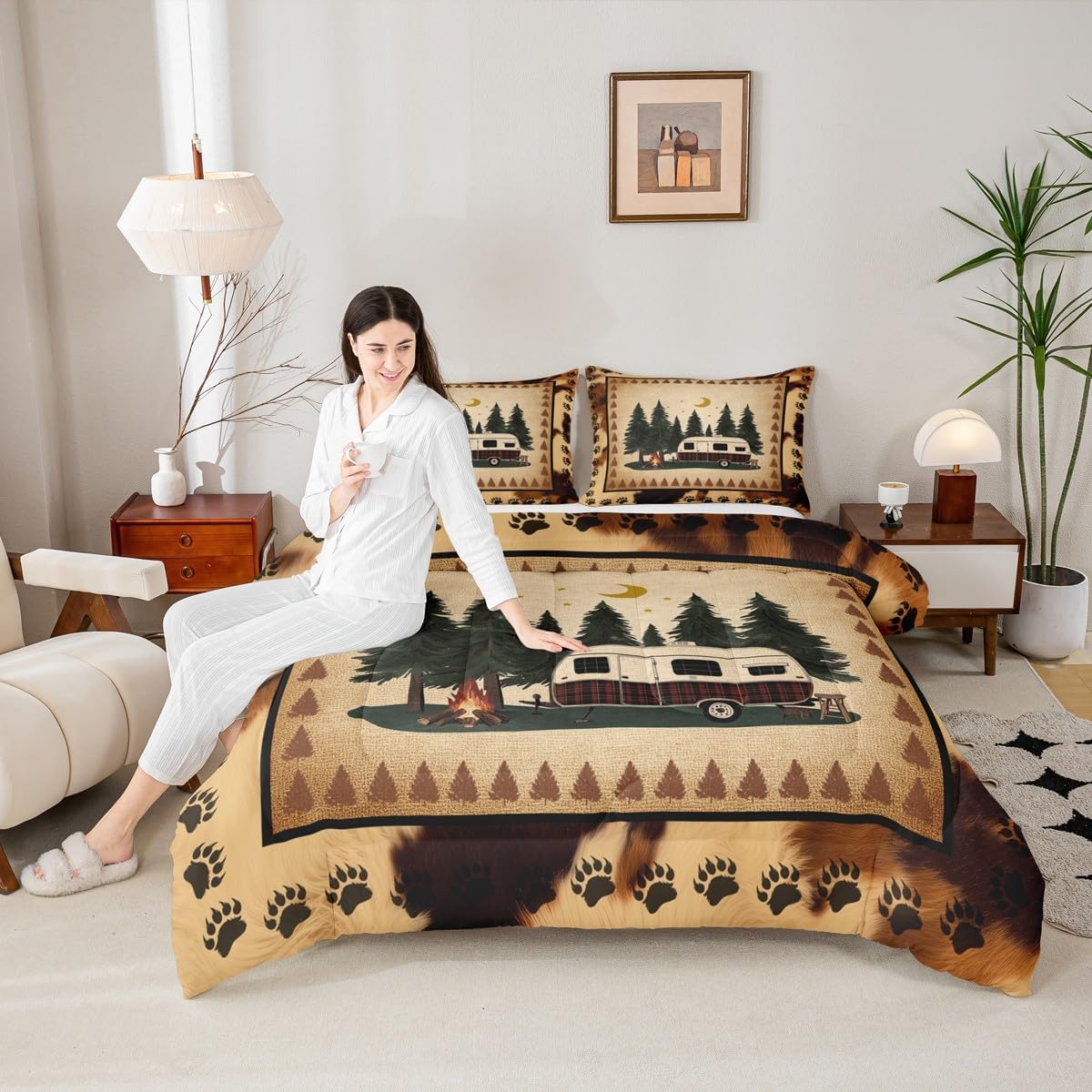 Erosebridal Happy Camping Bedding for Camper RV Car Comforter Set Full, Brown Farmhouse Duvet Insert Animal Paw Quilt Comforter, Rustic Lodge Cabin Bedding Comforters & Sets Retro Farm Style Decor