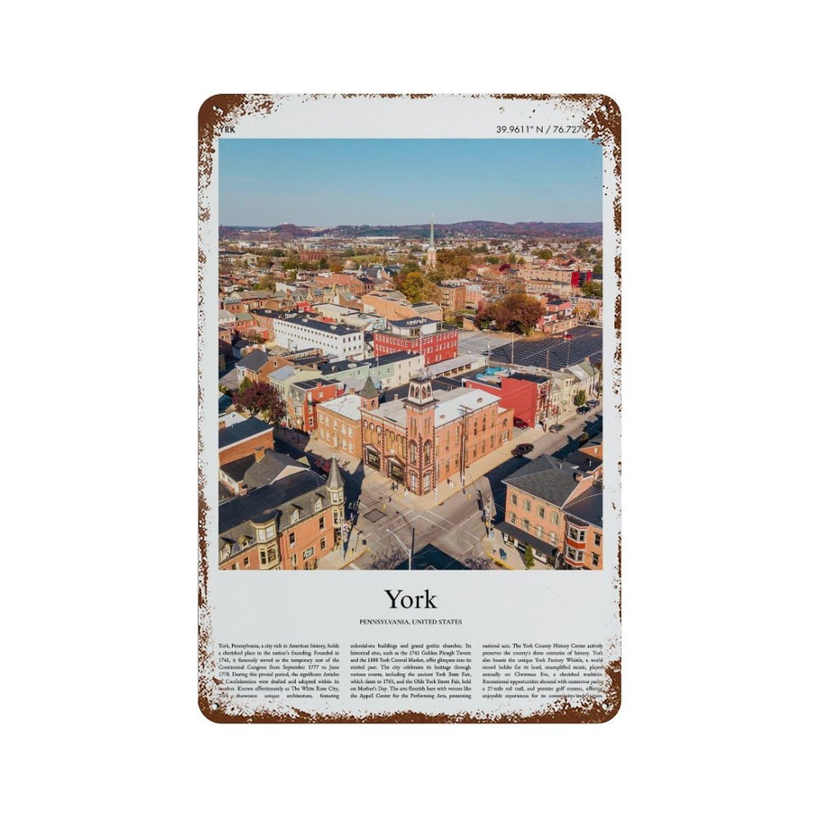 xiaoxiaoshen York Pennsylvania, United States, USA City Scenery Wall Decor Art Metal Tin Poster Modern Home Decor Art Home Bar Shop Decorations Vintage Sign 30x20cm
