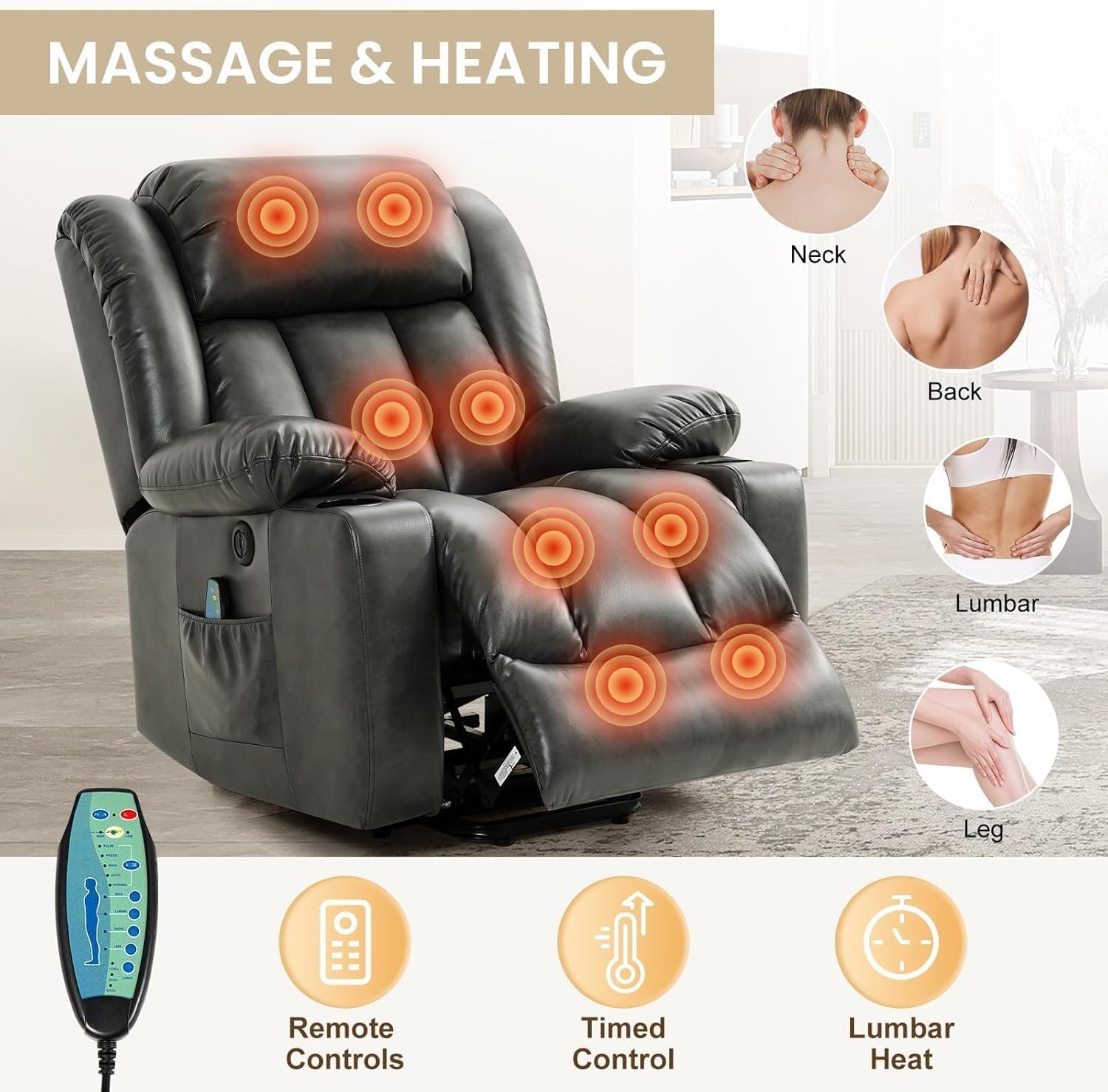 Power Lift Recliner Chair for Elderly with Massage Heat Electric Remote Control Breathable Leather Reclining Sofa Adults 2 Cup Holders USB Ports Metal Frame Grey Living Room Furniture