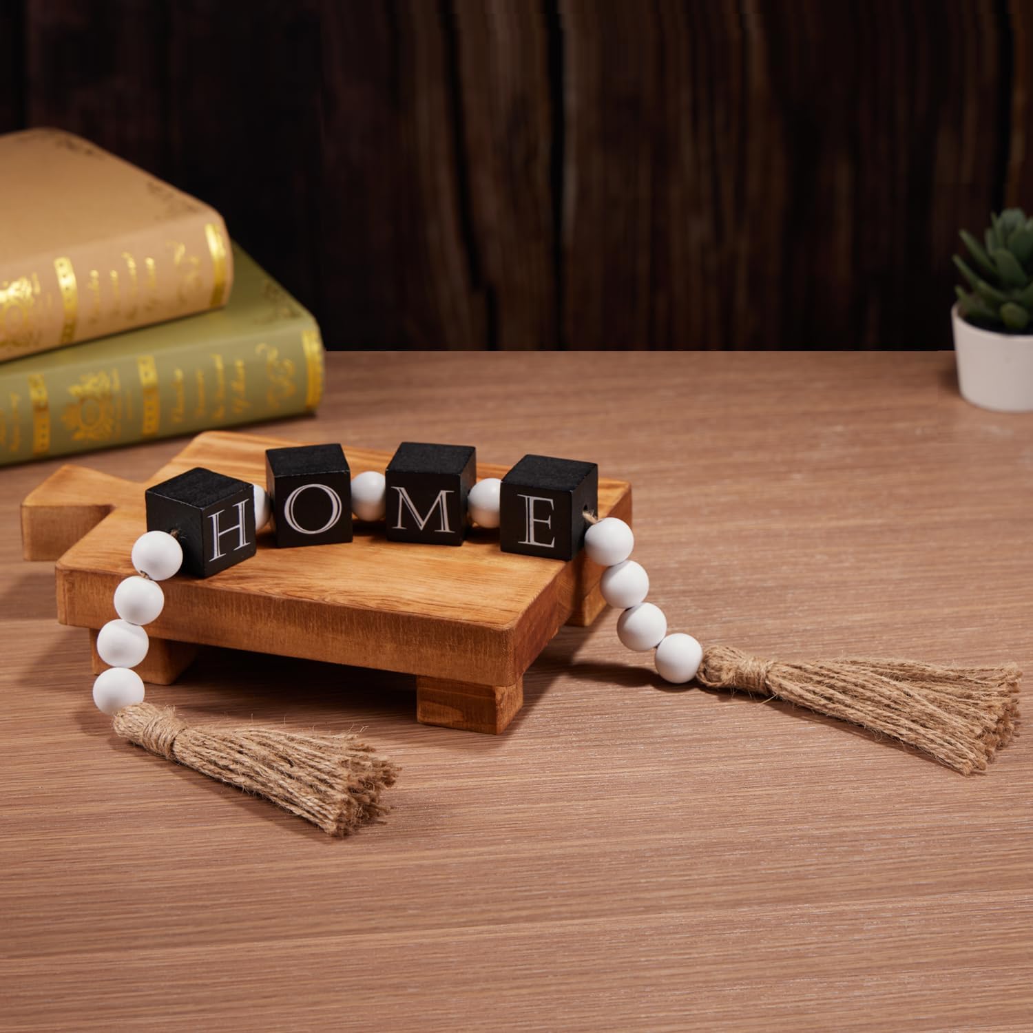 Amazon.com: Soonow Wood Home Sign Block & Bead Garland with Jute Tassel ...