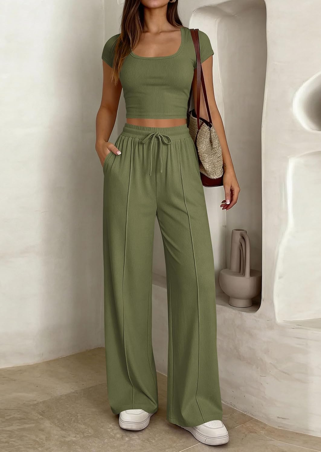 PRETTYGARDEN Women's 2 Piece Matching Lounge Sets Ribbed Short Sleeve Crop Tops Wide Leg Pants 2026 Summer Airport Outfits - Image 2