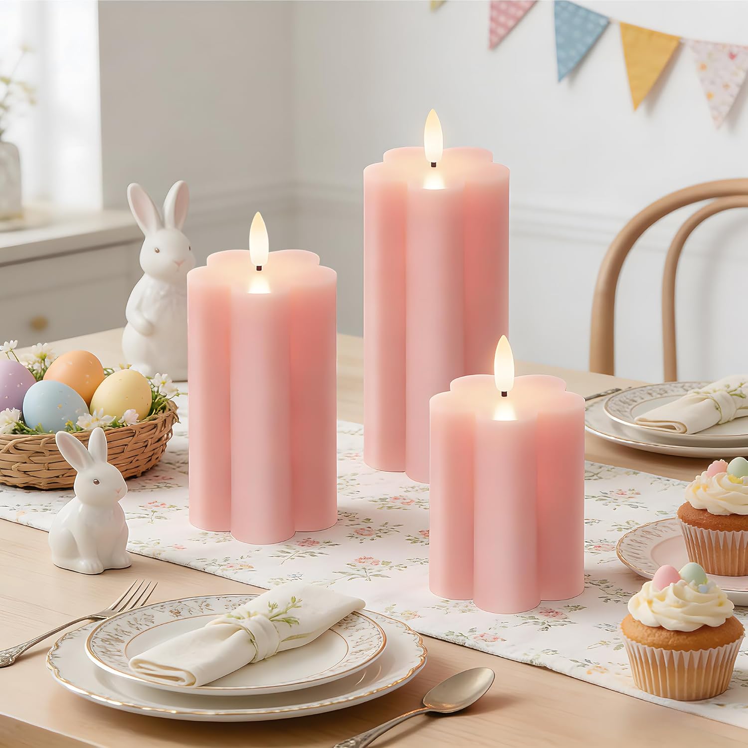 Pink Flower Flameless Candles with Remote and Timer Real Wax Made LED Pillar Candles Battery Operated with 3D Flickering Flame Indoor Use Spring Decor, 3" x 4",5",6", Set of 3