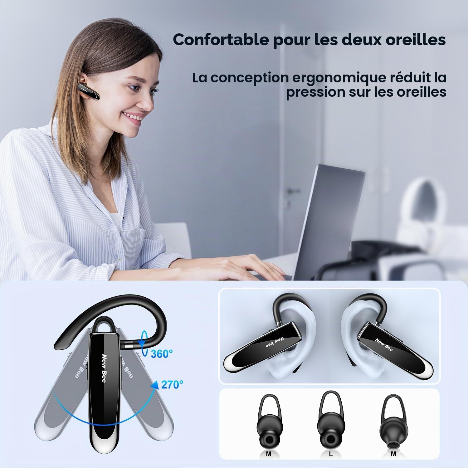 New Bee Oreillette Bluetooth V5.0 Main Libre avec Technologie de Capture de Voix Claire - Kit Invisible pour iPhone Samsung Huawei Sony, etc (Noir)