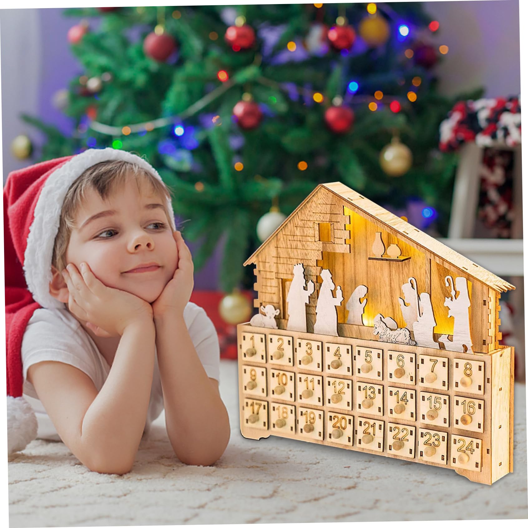 Calendario dell'avvento natività in legno, calendario dell'avvento natalizio della scena della natività 2023, riempi il tuo calendario dell'Avvento con 24 cassetti e luci a LED per bambini per ad