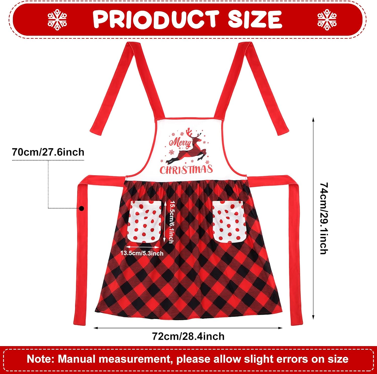 Janmercy 3 Pieces Christmas Aprons with Pockets for Women Adjustable Christmas Kitchen Apron Cotton Buffalo Plaid Apron and Adjustable Neck Waist Ties Merry Christmas for Cooking, Baking