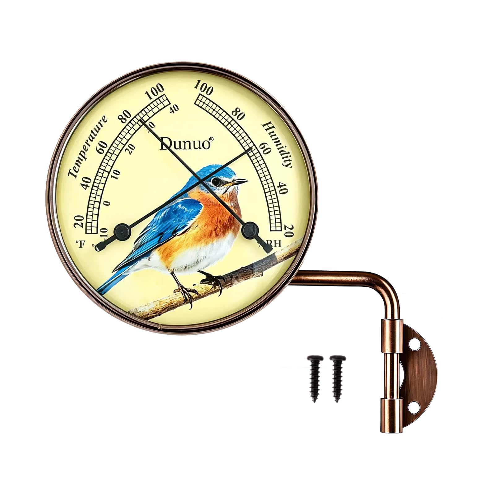 Bluebird - Termometro e igrometro per esterni, in ottone resistente alle intemperie, analogico, senza batterie, supporto girevole da parete regolabile, decorazione vintage per patio, giardino