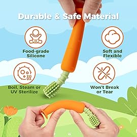 Papablic Baby Toothbrush Teether, Teething Toys 6-12 Months, 360 Carrot Teether Baby Stuffers for Toddler Infant, Toothbrush with Suction Base