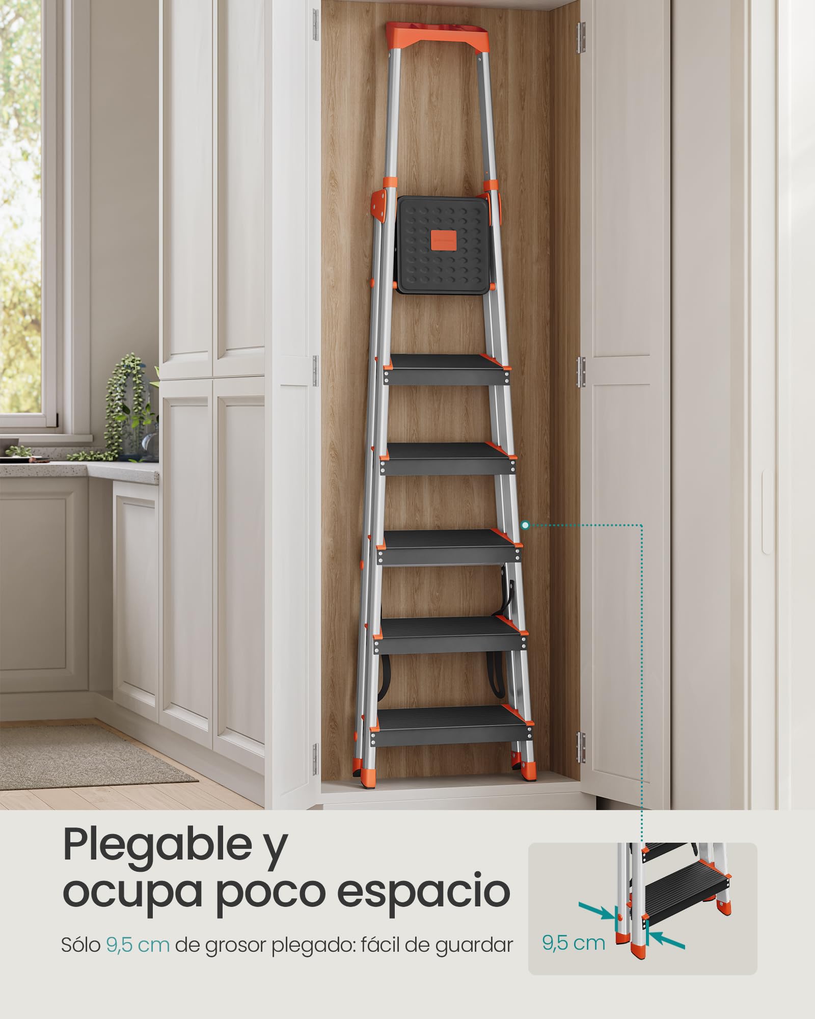 SONGMICS Escalera de 6 Peldaños, Escalera de Aluminio con Peldaños de 12 cm de Profundo, Plegable, Bandeja y Pies Antideslizantes, Carga de 150 kg, Negro y Naranja GLT06BK