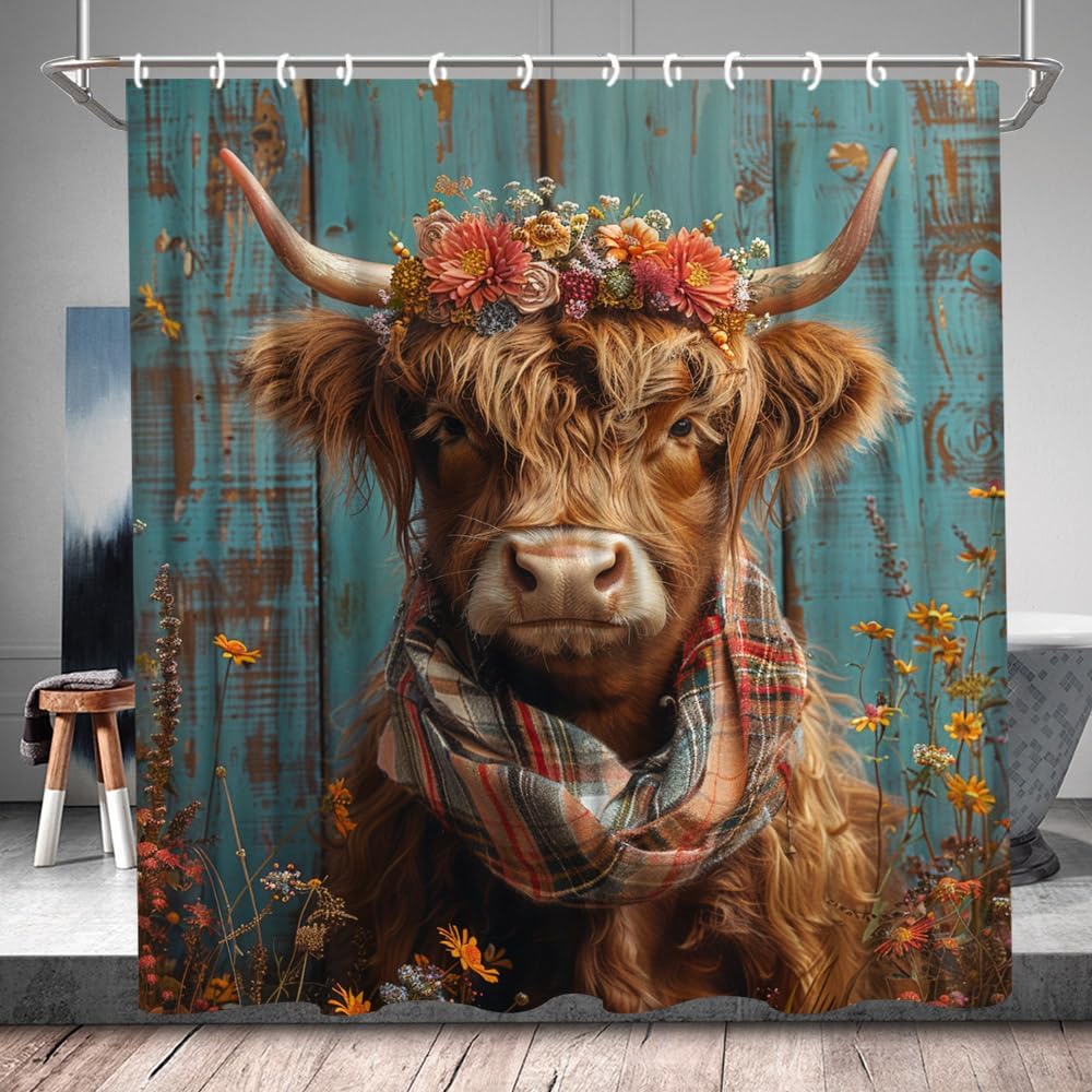 Funny Highland Cow Shower Curtain Farmhouse Cattle Farm Animal Vintage Barn Door Wooden Plank Cute Calf Spring Floral Country Rustic Bull Flower Plant Bathroom Accessories Set with Hook 90Wx70H Inch