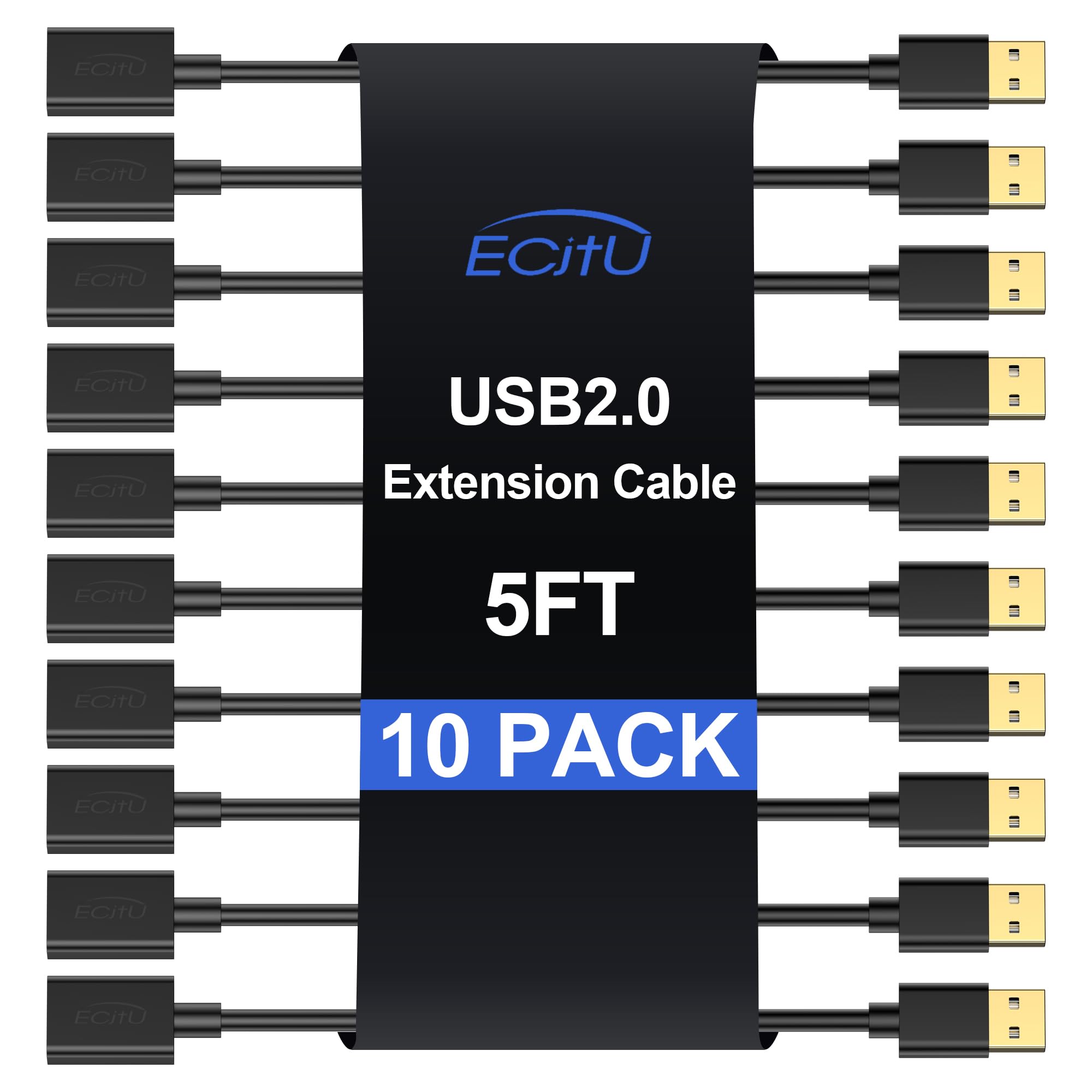 USB Extender Cord 5FT(10 Pack), USB 2.0 Extension Cable, USB A Male to Female, Compatible for USB Flash Drive, Hard Drive, Card Reader, Webcam,