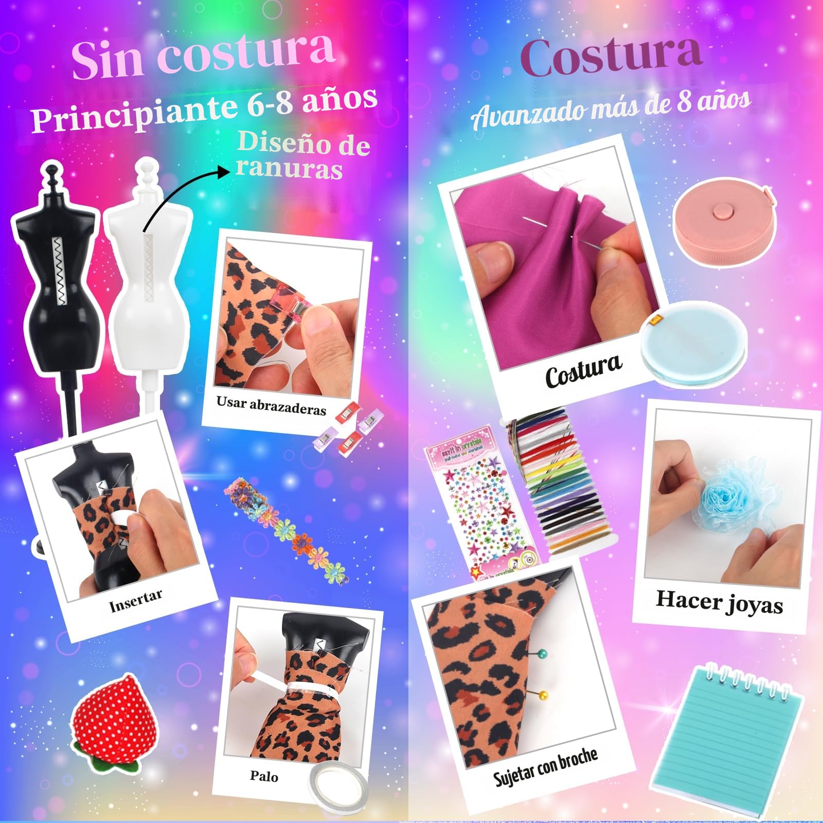 YOCOLE 1000+ Piezas Kit Diseña la Moda Niña, DIY Kit Costura con Telas Manualidades con 5 Maniquíes Accesorios, Regalos Fashion Designer Creativos Juegos para Niñas Niños 6 7 8 9 10 11 Años