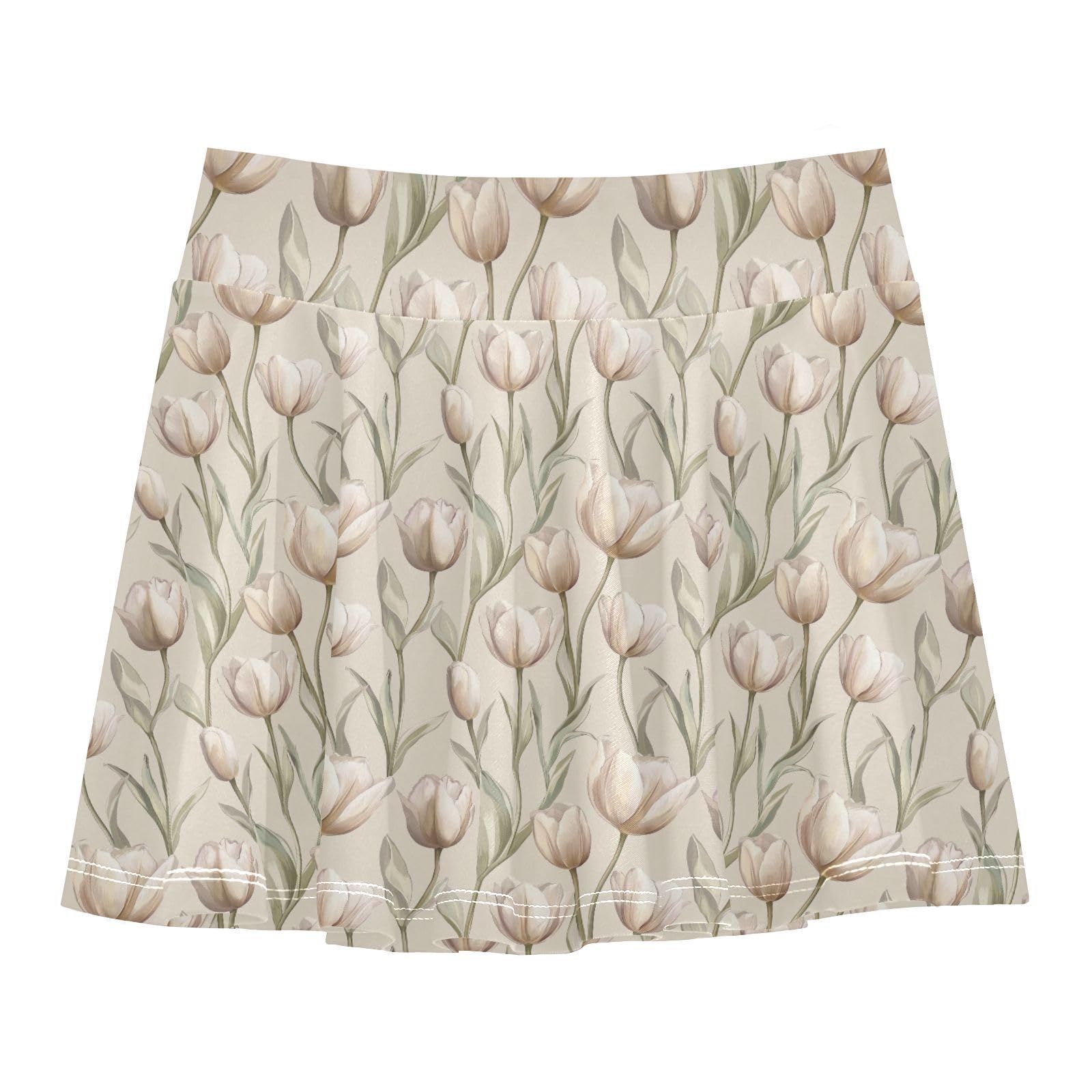 Nature Tulips Beige Flowy Girls Tennis Skirts with Shorts Cheerleading Skirts with Pockets Little Girl Skorts