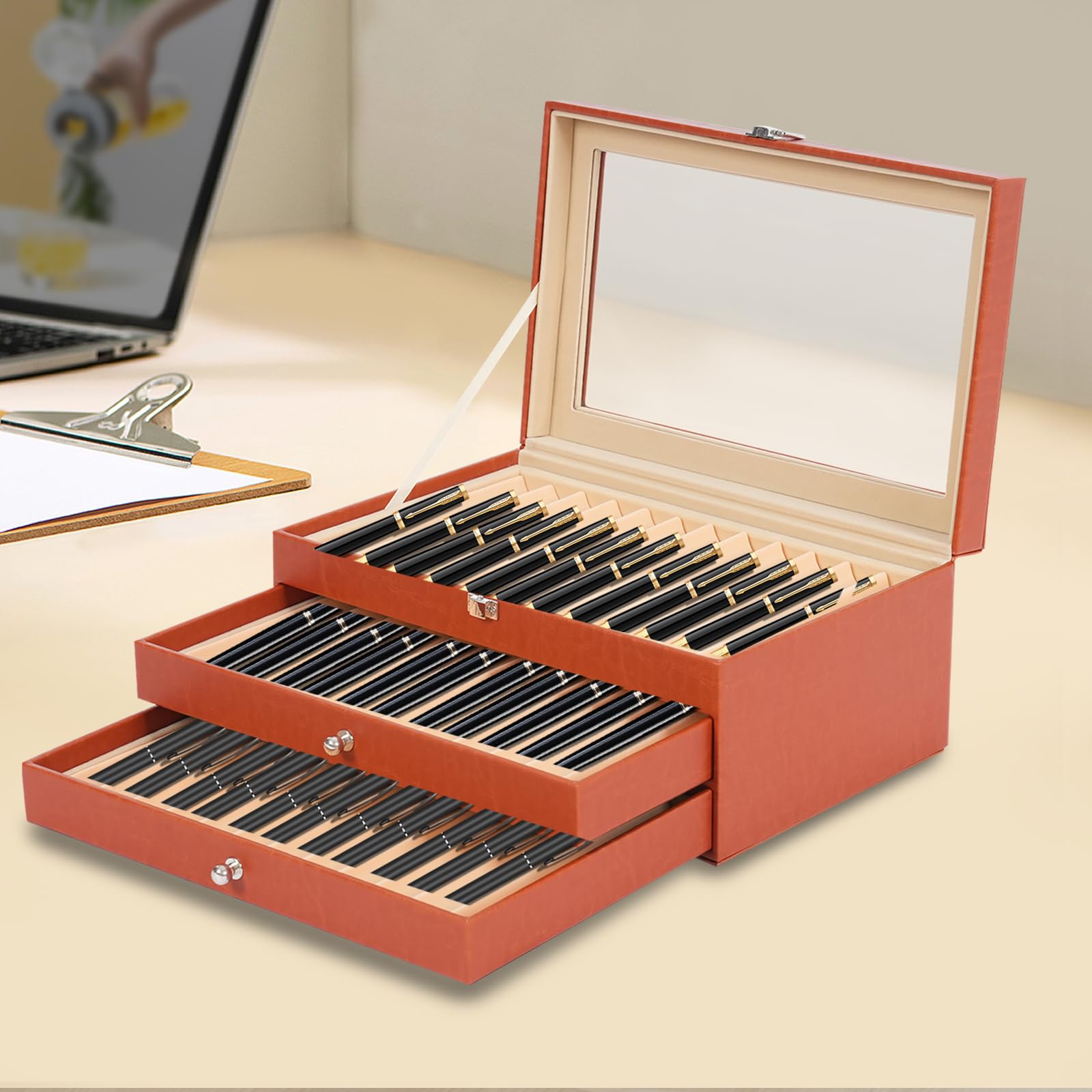 Madelynn Scatola portapenne di lusso con vetrina, 36 scomparti, design a 3 strati, per studio e ufficio, lavorazione adesiva