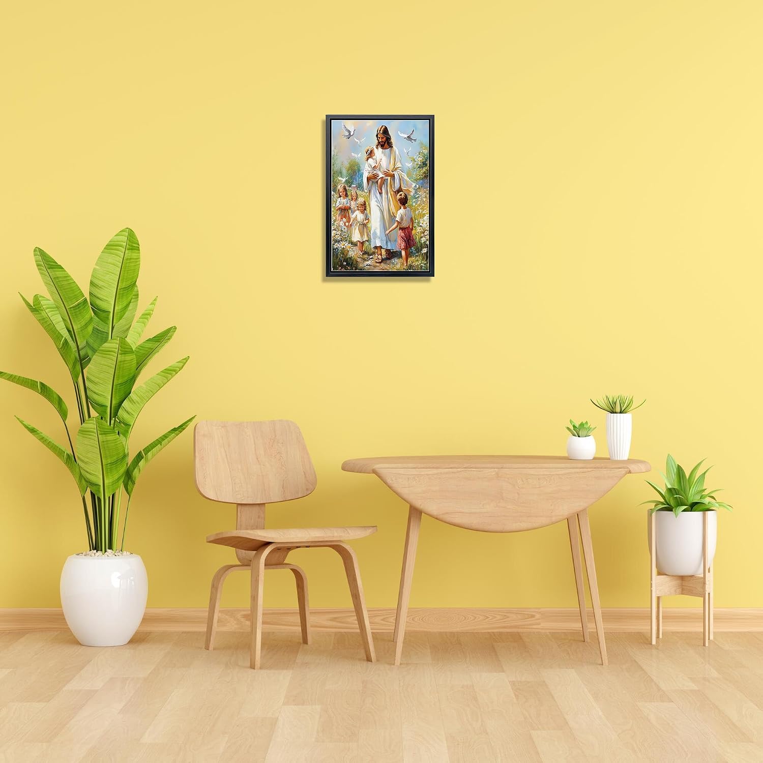 Aubeeba Jesus Poster Prints Jesus with Children Wall Art Watercolor Painting Vintage Framed Canvas Artwork for Bedroom Wall Decor 12x16 inches