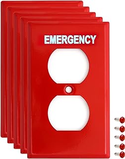 (5 Pack) Emergency Red Outlet Covers, Duplex Receptacle Switch Wall Plate, 1-Gang Standard Size, Heavy Duty, Red Metal, With White Silk-Screened Lettering, Code Compliant, Noticeable