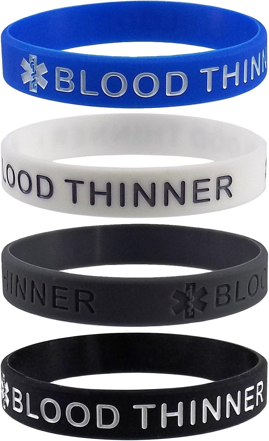 BLOOD THINNER Medical Alert ID Silicone Bracelet Wristbands 4 Pack