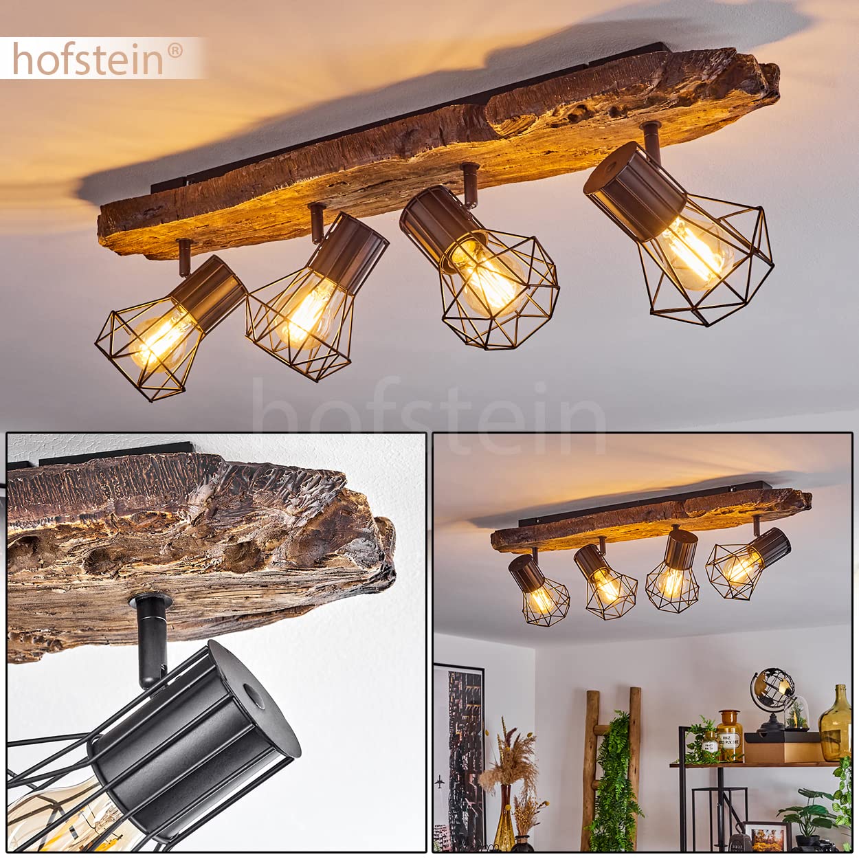 HOFSTEIN Deckenleuchte Bardhaman, verstellbare Deckenlampe aus Metall in Schwarz/Holzoptik, Leuchte im Industrial/Retro/Vintage-Design mit Lichteffekt, 4 x E27, Wohnzimmer, Esszimmer, Schlafzimmer