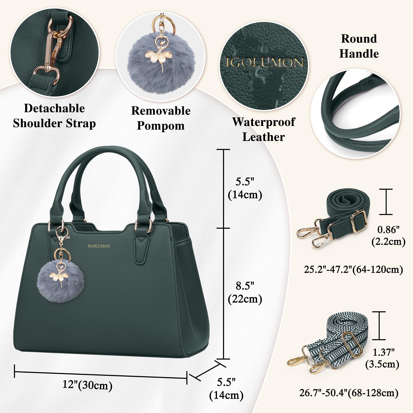 IGOLUMON Women's Top-Handle Handbags PU Vegan Leather Satchel Purses for Women Designer Tote Purse Handbag with Cute Pompom: Dark Green