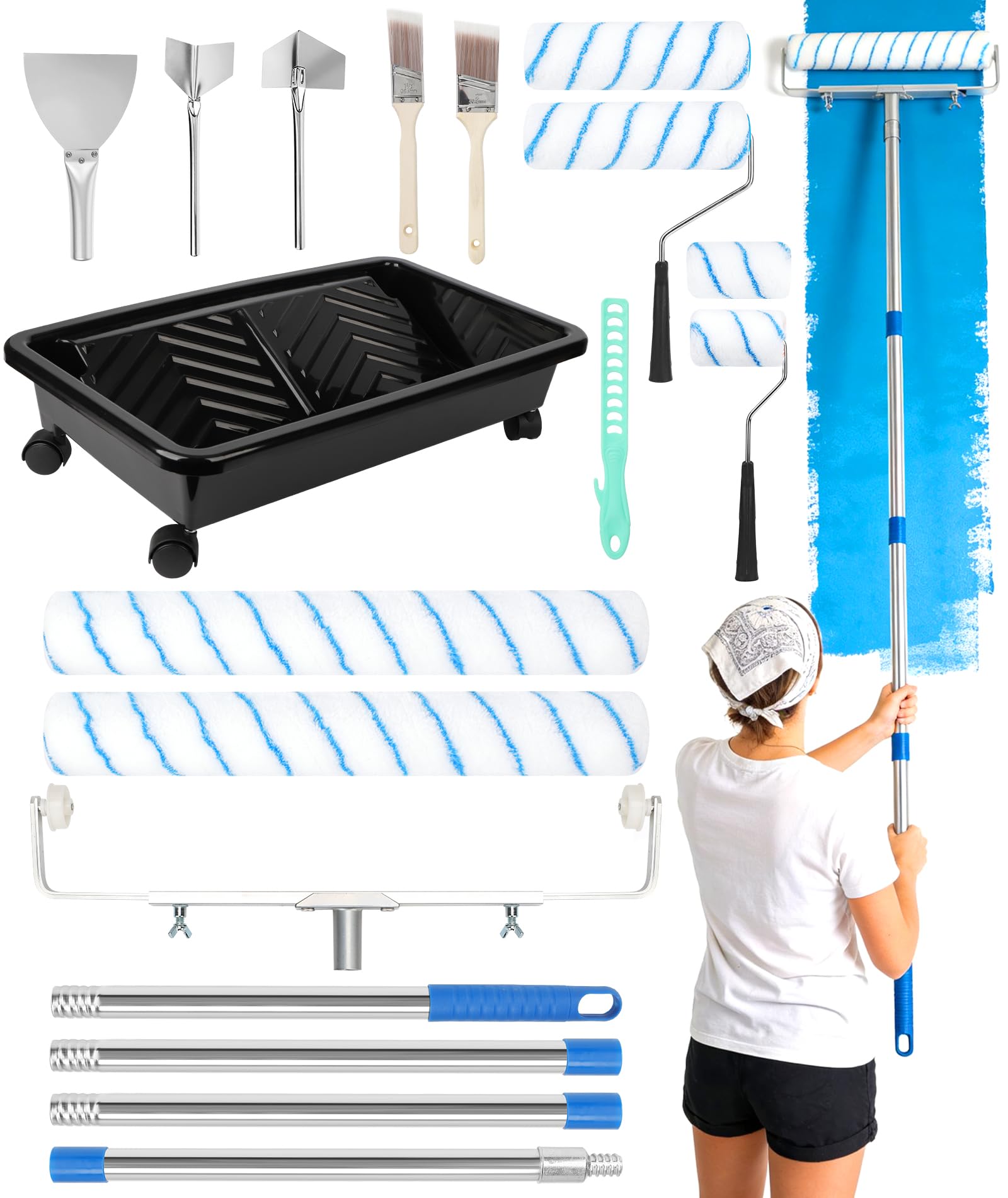 18 inch Large Paint Roller Set, 20pcs Roller Sets for Painting - 4 Extension Pole, Paint Roller Tray with Wheels, 2 Brushes, 5” Putty Knife, Paint Mixer, Complete Paint Roller for Walls and Ceilings