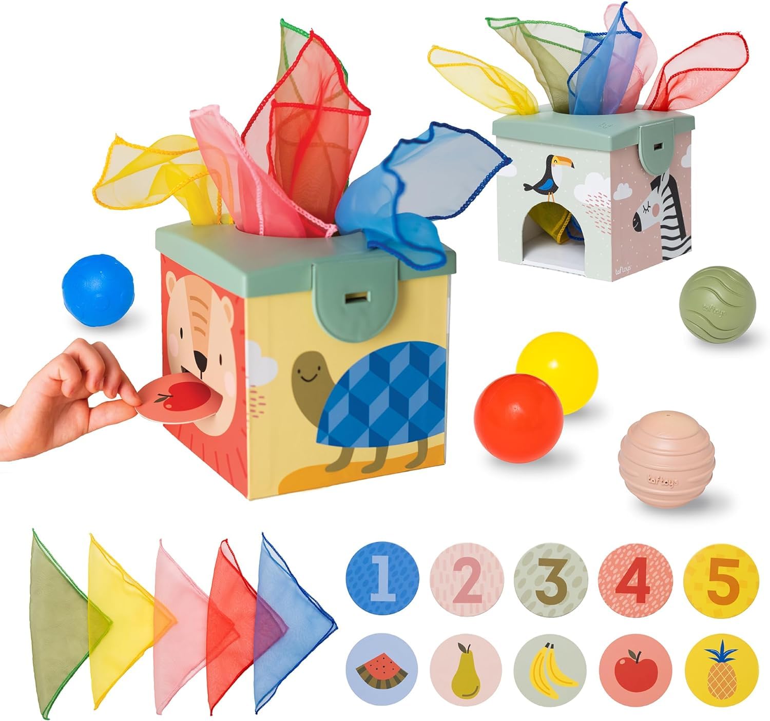 Taf Toys Magic Tissue Box Toy for Infant & Toddlers. Colour Matching & Sorting Toy. Includes 5 Tissues, 5 Balls & 5 Double-sided Playing Flash Cards. Suitable for Boys & Girls 18 months +