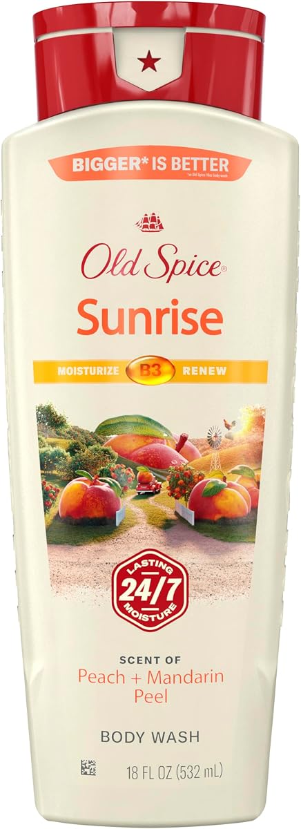 Old Spice Cleansing Body Wash for Men, 24/7 Shower Fresh with Lasting Scent, Moisturize & Renew, Gentle on Skin, Vitamin B3, Sunrise with Peach + Mandarin Peel Scent, 18 oz