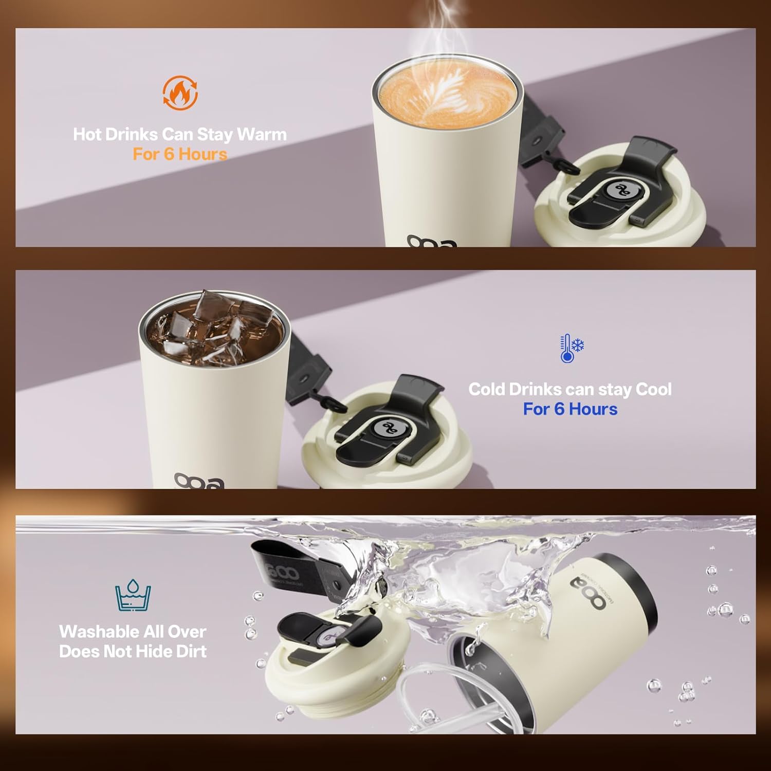 OOA Insulated Travel Coffee Mug,Flat-White 6H Insulation Coffee Cup with Lid and Straw,13Oz Stainless Steel Leakproof & Spill-Proof Tumbler for Hot and Cold Water - Image 2