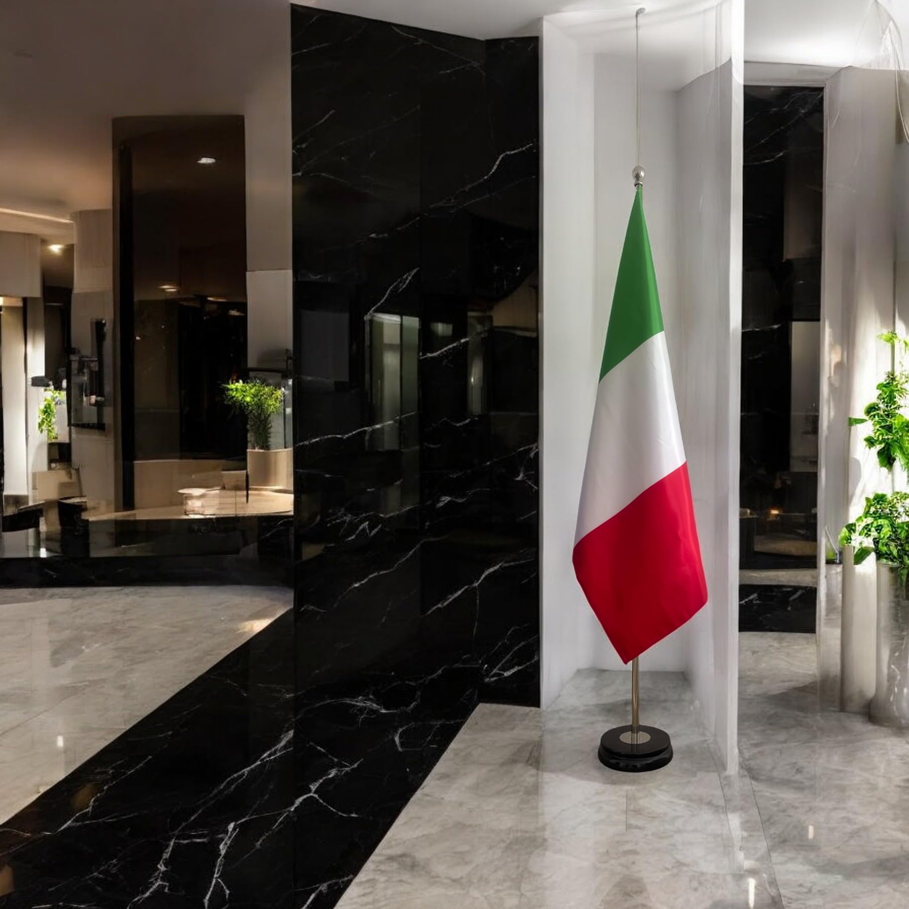 Kit completo bandiera italiana con palo e base. Base in marmo nero. Asta della bandiera in acciaio inox (argento lucido) altezza max. 3,0m | Codice CN19-IT