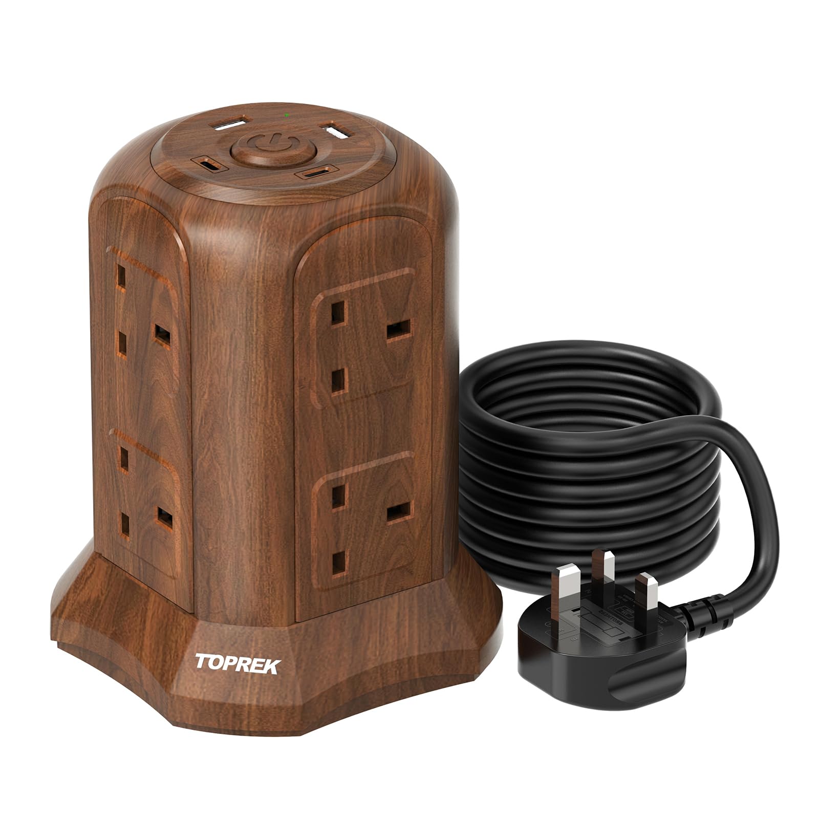 TOPREK Wooden Grain Tower Extension Lead with USB Slots(1800 J Surge)