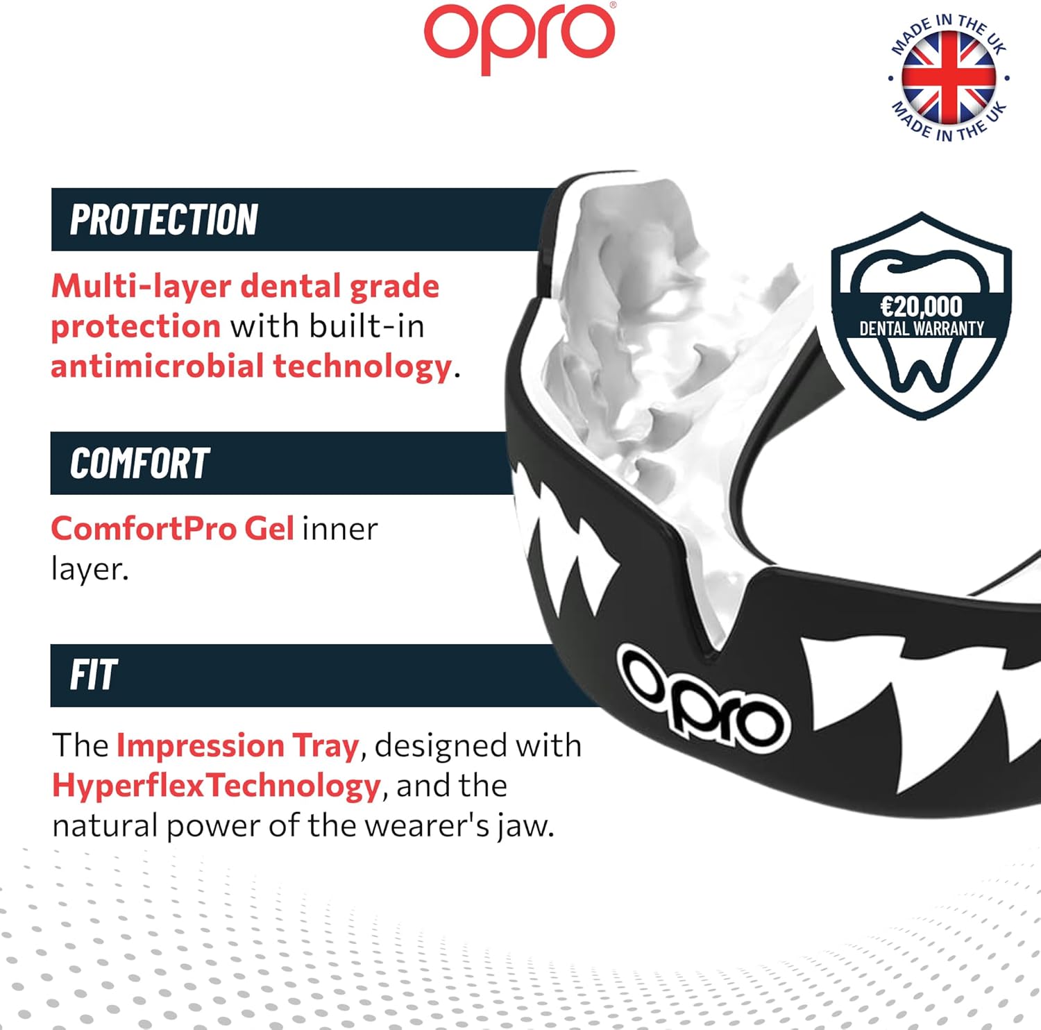 OPRO Instant Custom-Fit Mouth Guard, Dentist-Level Comfort, Protection & Fit - Moldable Mouthguard for Football, Boxing, Rugby, MMA, BJJ, UFC Mouth Piece- Includes Mouth Guard Case (Black Jaws, Adult)