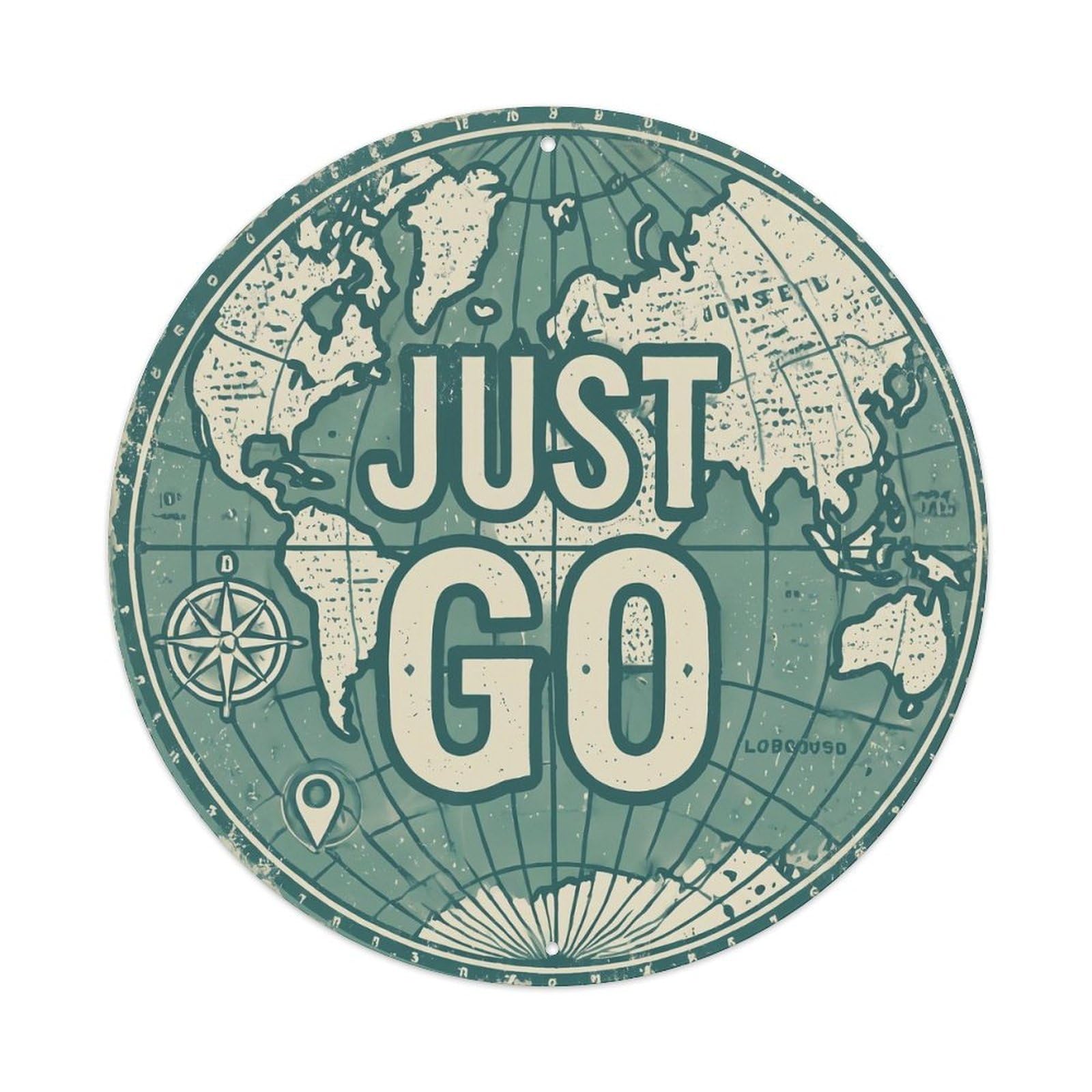 Vintage World Map with Compass Just Go Cartographer Metal Tin Sign