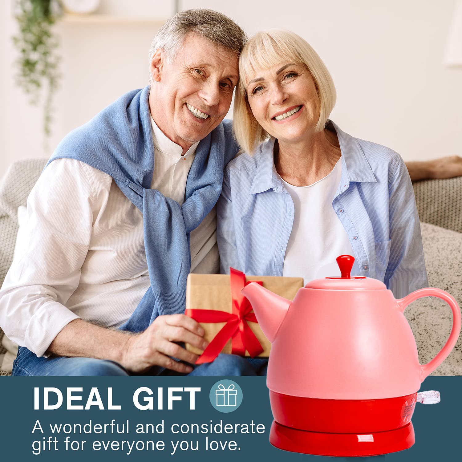 Bollitore Elettrico in Ceramica da 1L, Stile Retrò, Contenitore in Ceramica Senza BPA Teiera Vintage, Resistenza Nascosta, Spegnimento Automatico, Senza Fili, 1350W (C: Red)