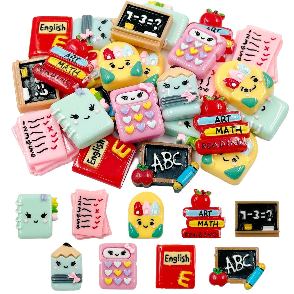 Back to School Flatback Resin Charms, 36Pcs School Supplies Teacher Charms Resin Embellishments Cute Cartoon Pencil Apple Cabochons for Stationery Theme Decorations Scrapbooking Hair Clips DIY Crafts