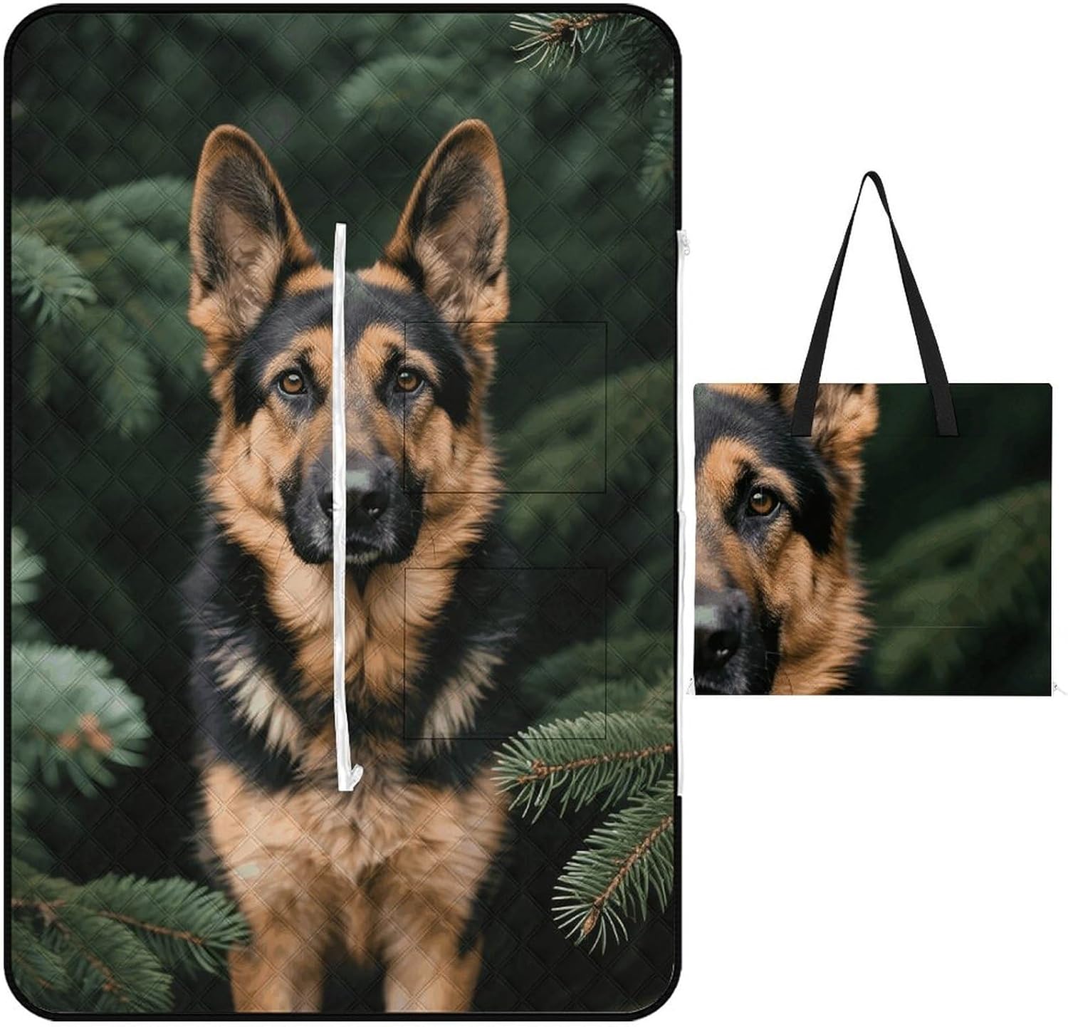 German Shepherd Picnic Blanket 200x200cm, Foldable 2-in-1 Picnic Mat and Tote Bag Portable Waterproof Beach Mat Sandproof Outdoor Blanket for Park, Hiking, Beach, Camping, Travel