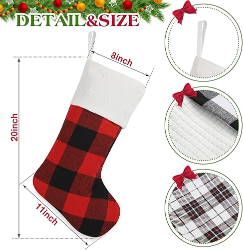 Miniatura 4 de Juego de 6 medias de Navidad a cuadros de búfalo, medias de Navidad grandes tradicionales rojas y negras, medias de Navidad únicas para repisa,