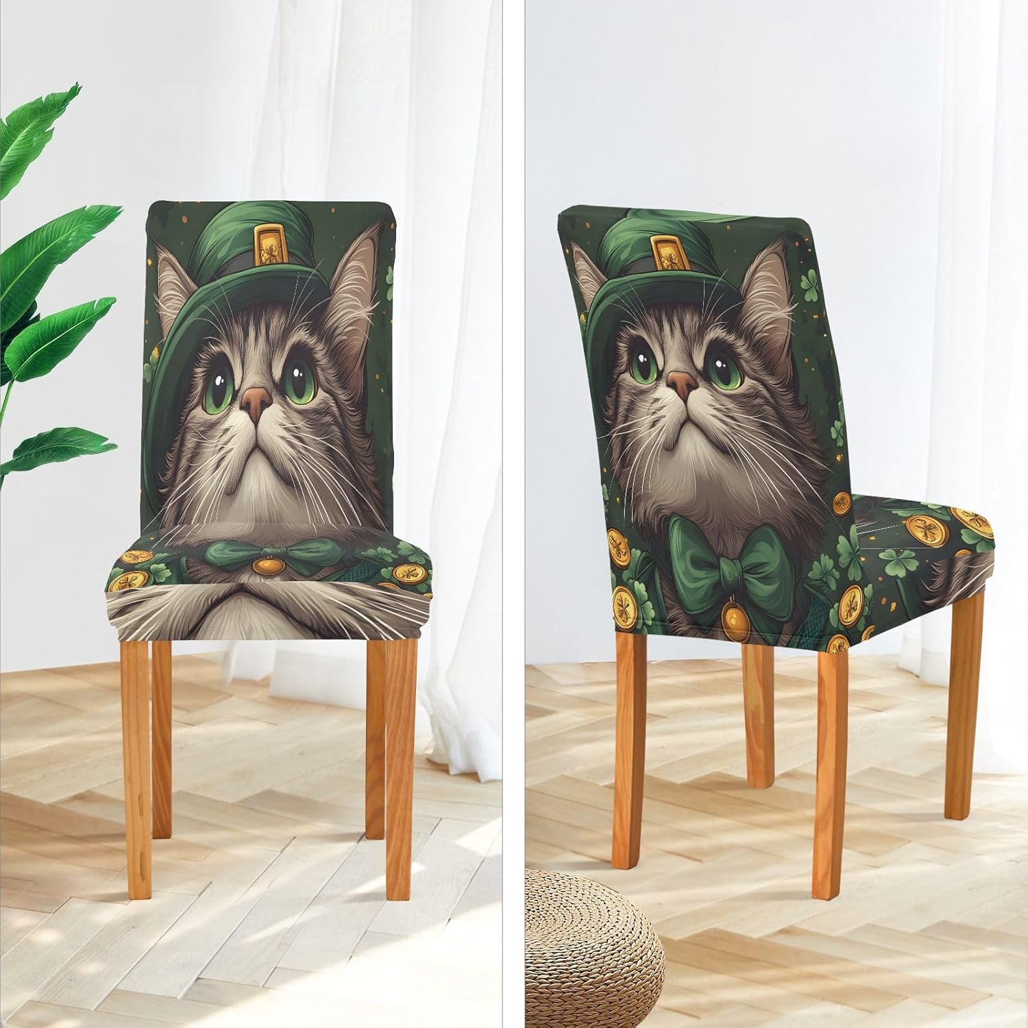 ALAZA Chair Covers for Dining Room, St Patricks Cat Green Stretch Chair Cover Sets Chair Protector Removable Washable for Ktichen Restaurant Hotel