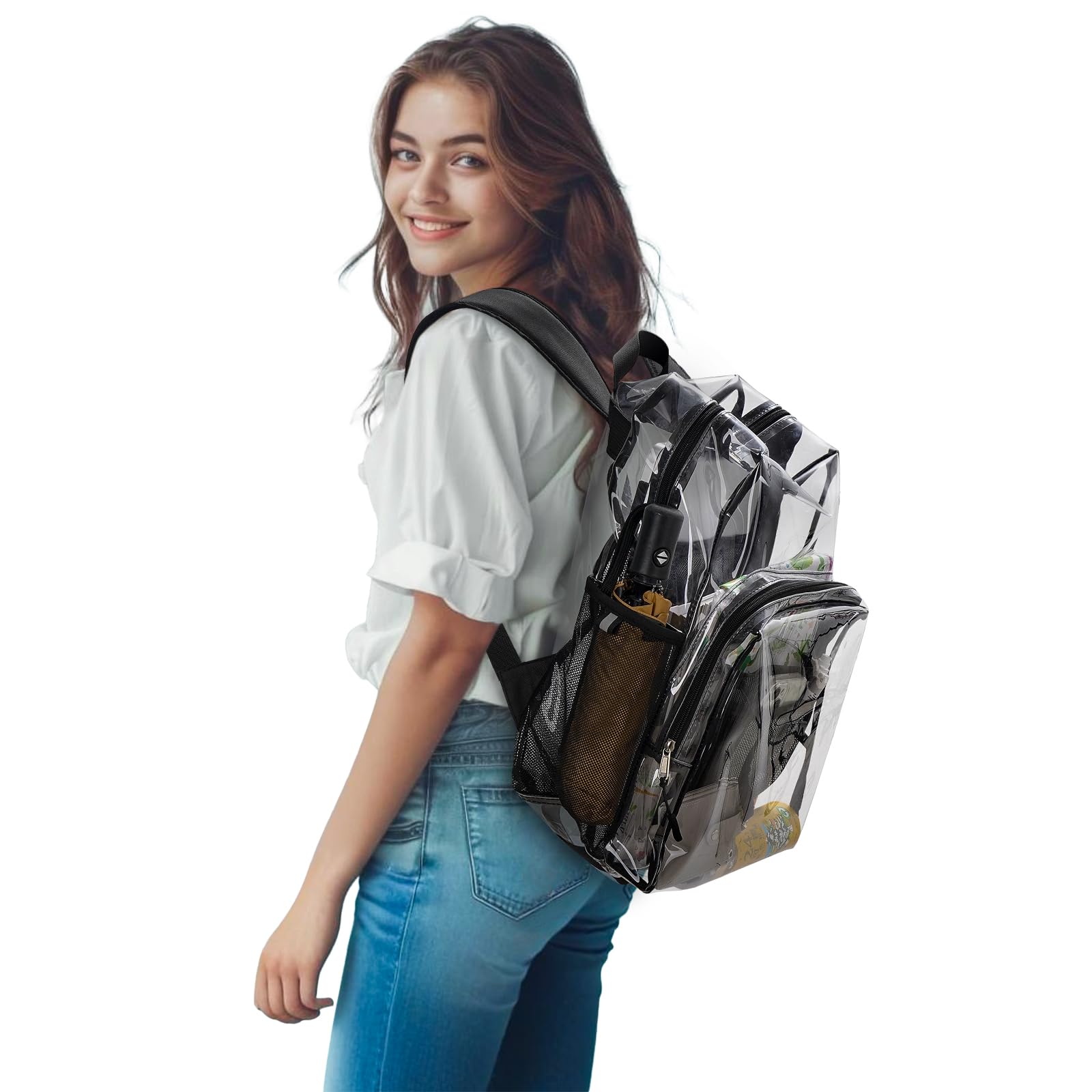 Flowston Clear Backpack Heavy Duty, 17 Inch Large TPU Clear Bookbag for Boys Girls Adult, See Through Book Bag Transparent Backpacks with Multiple Pockets for School College Work Casual Sport, Black