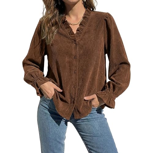Sidefeel Womens Fall Ruffle Corduroy Button Down Shirts