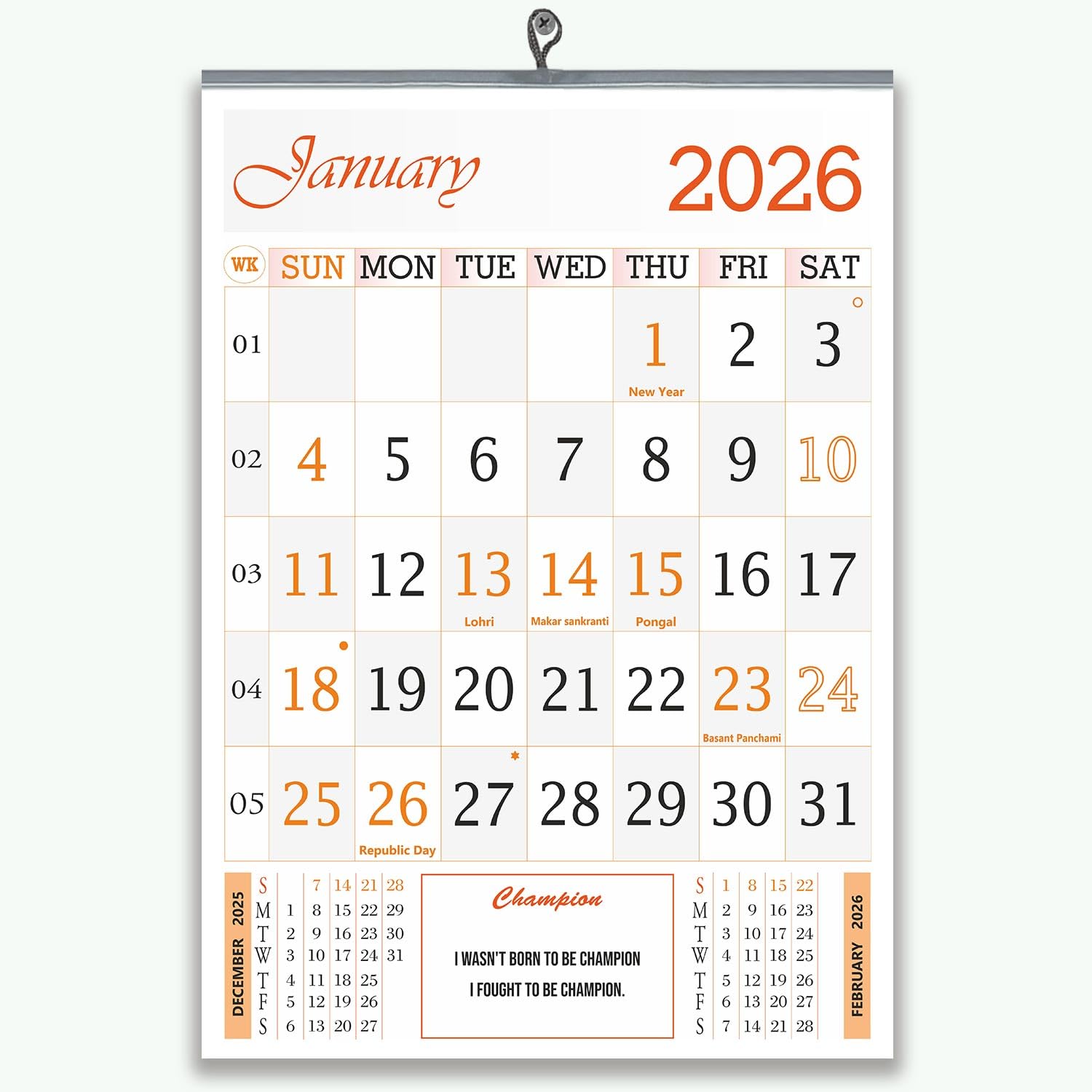 V805 english monthly wall calendar 2026, 14x20inch 12 sheets of front side only, rich look orange and grey theme