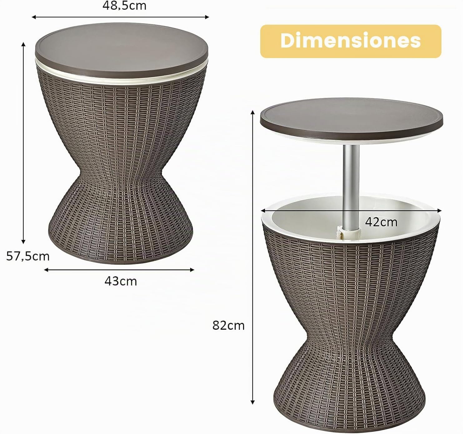 RELAX4LIFE 3 en 1 Mesa Nevera Jardin 30L con Tapa Extraíble Tablero Elevable 57,5/82 cm, Mesa Jardin Exterior de Ratán PP con Orificio de Drenaje, Hielera para Fiestas, Camping, Carga 75KG (Café)