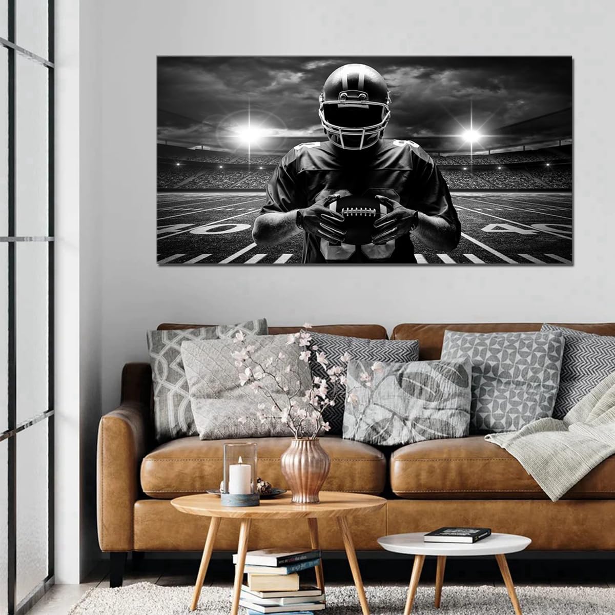 TAOMI Rugby Player Black Artwork Large Canvas Wall Art Sports Fan American Football Field Stadium Picture for Gym Home Boy Bedroom Living Room Décor Frame 20x40inch