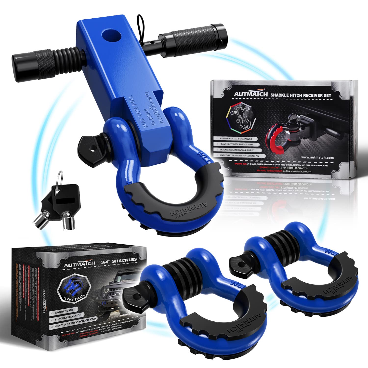 AUTMATCH Shackles 3/4" D Ring Shackle and Shackle Hitch Receiver 2 Inch with 5/8" Trailer Hitch Lock Pin, 45,000 Lbs Break Strength Heavy Duty Receiver Kit for Vehicle, Blue