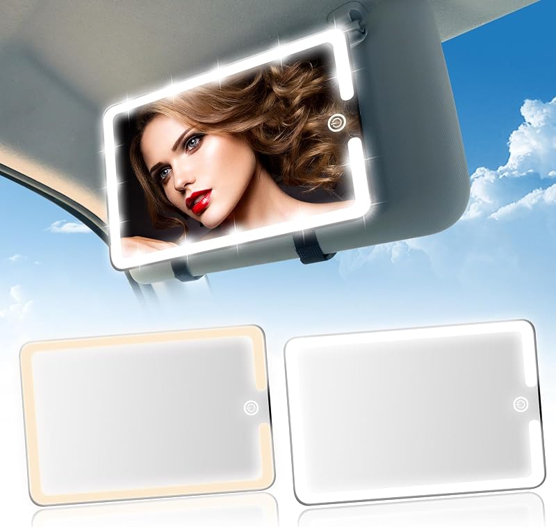 Espelho LED para quebra-sol automotivo saiggnyy com luzes dimerizáveis de 3 cores – Kit com 2