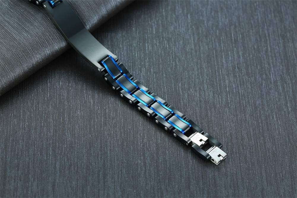 MEALGUET Personalized Free Engraving Men's 2-Tone Black Blue Masculine Stainless Steel Medical Alert ID Bracelet for Men