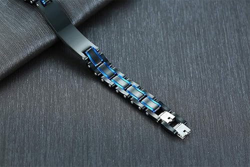 Miniatura 4 de MEALGUET Pulsera de identificación de alerta médica de acero inoxidable masculino de 2 tonos para hombre, grabado gratuito, negro, azul, para hombre