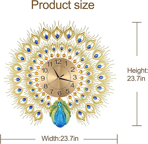 Miniatura 3 de Gran reloj de estilo pavo real para pared, silencioso, no hace tictac, digital, artístico, para decorar la sala o una habitación, de 23.7 pulgadas,