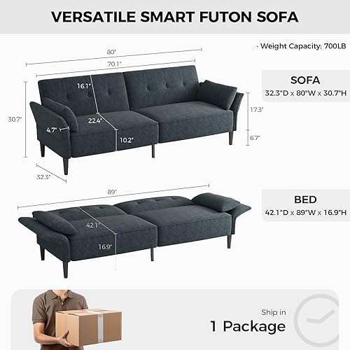 Miniatura 2 de Sofá cama futón de 89 pulgadas, cómodo sofá cama futón con 2 almohadas cuadradas, sofá cama convertible con respaldo y reposabrazos ajustables, sofá
