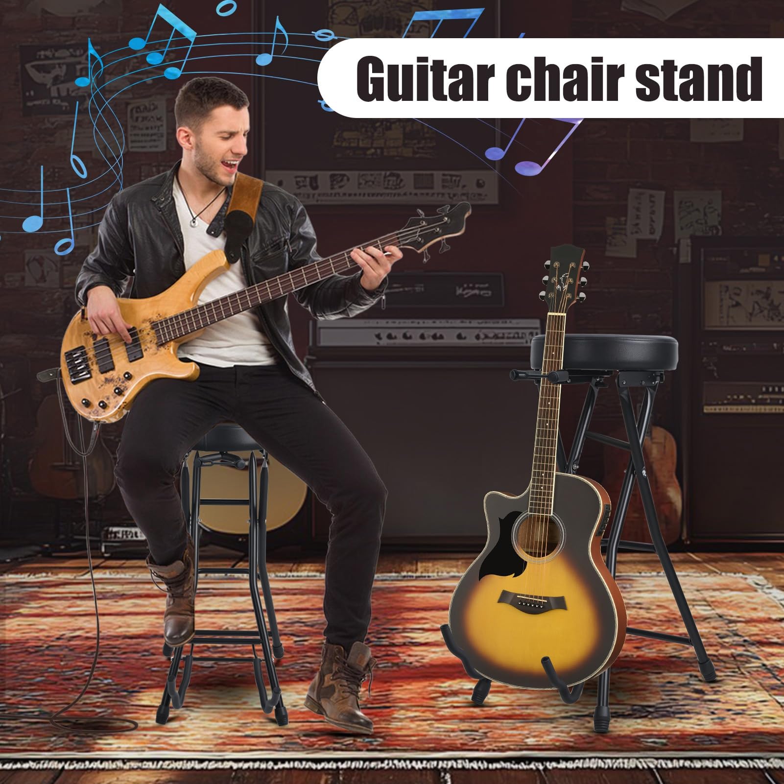 Składany taboret gitarowy z wbudowanym wspornikiem, tapicerowane siedzisko, podnóżek, chowany hak, do gitary akustycznej, elektrycznej, basowej, studia, klasy, powtarzania, sceny, czarny