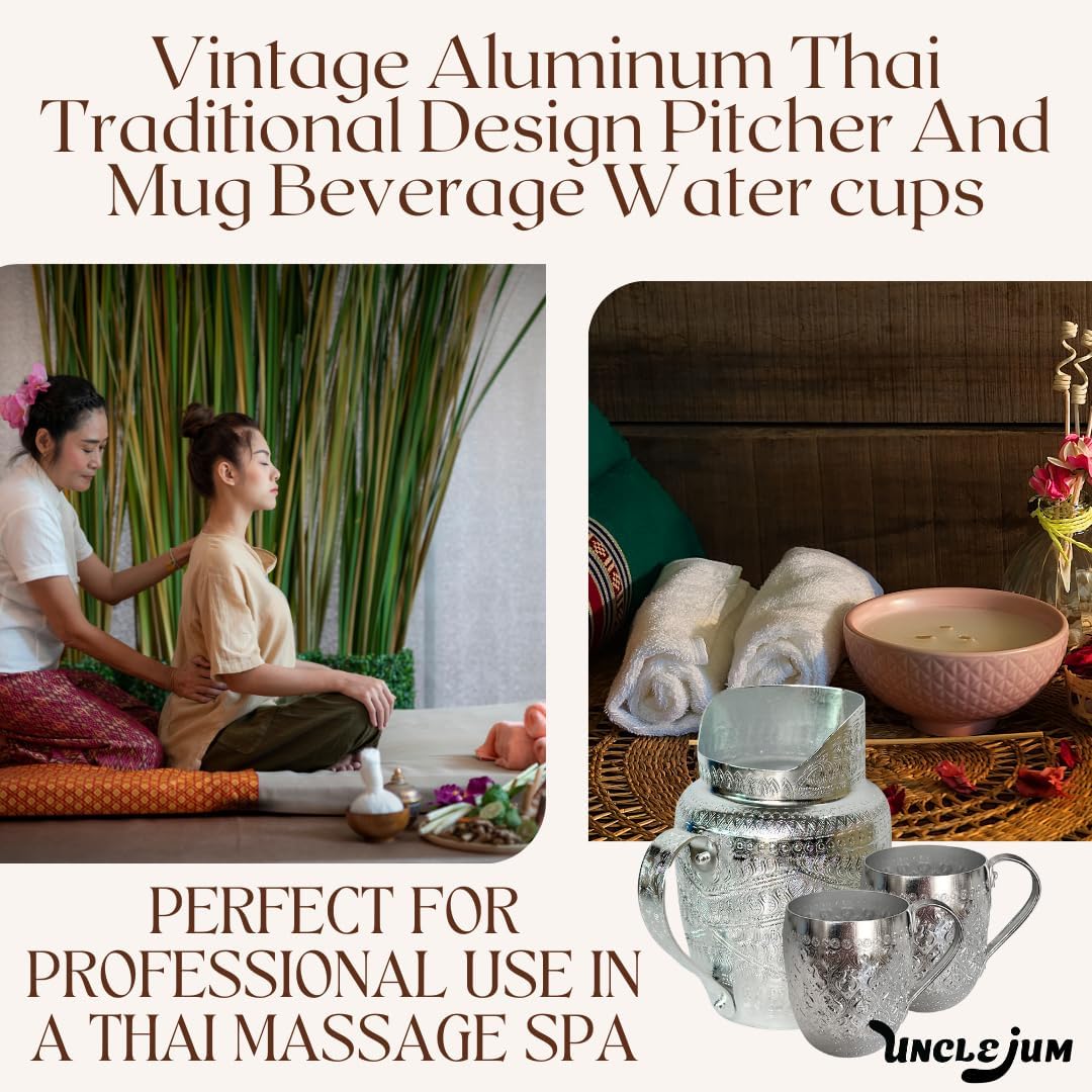 Set Vintage Thai Aluminum Water Pitcher with Mug in Set Light Weight, For Decor, Home, Spa, Thai Restaurant