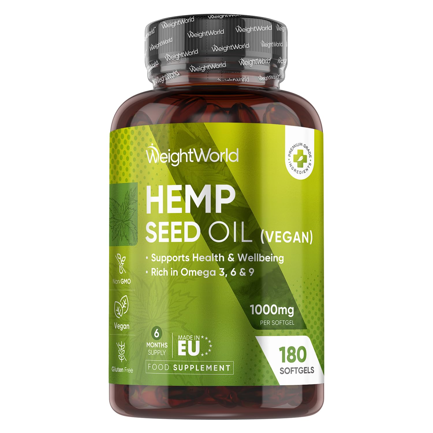 WeightWorld Cold-Pressed Hemp Seed Oil Softgels - 6 Months Supply - 180 Hemp Seed Oil Softgels - 1-a-Day - with Added Vitamin E - Non-GMO & Vegan-Friendly - Omega 3 6 9 Supplement for Women & Men
