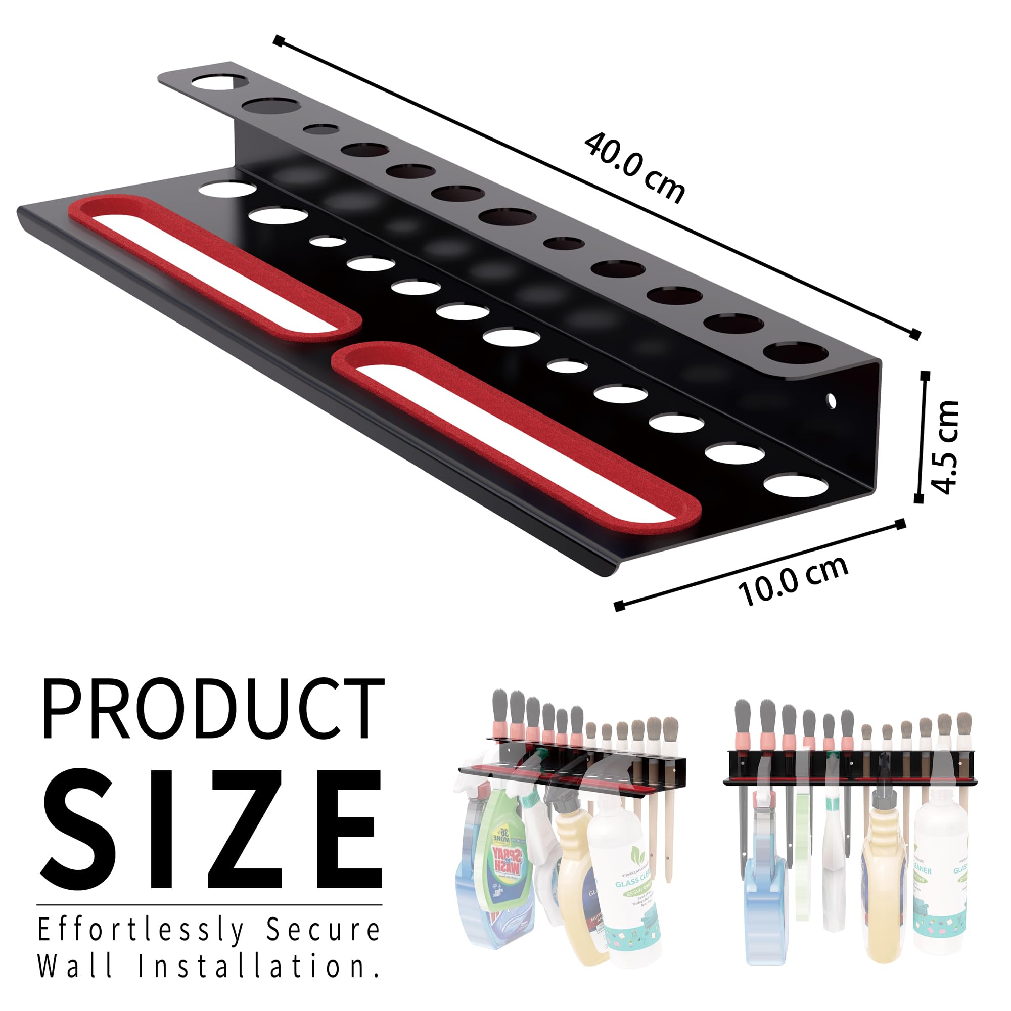 Wall Mount Brush & Spray Bottle Holder Combo Rack for Garage, Detailing Organizer with Mounting Hardware - Holds 12 Brushes + Hanging Rail for Bottles